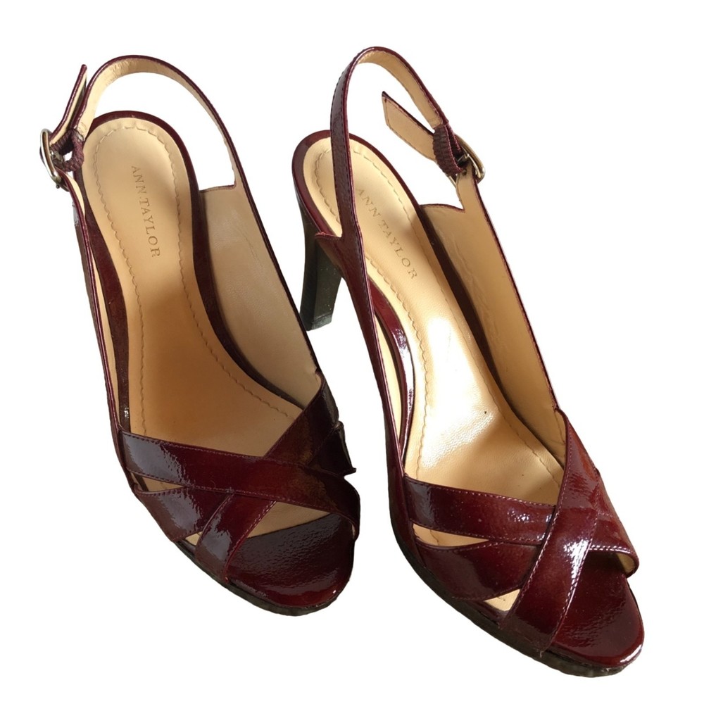 Ann Taylor Wine Red high heel patent leather sandals, Size 6M
